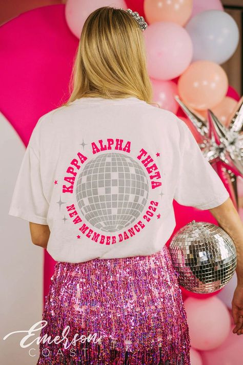 Disco Bid Day Shirt, Trendy Sorority Shirts, Disco Shirt Design, Disco Sorority Shirt, Retro Sorority Shirt, Drill Team Shirts Design, Sorority Theme Ideas, Sorority Tshirt Ideas, Sorority Tshirt Designs Ideas