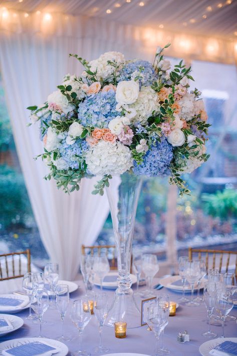 Wedding Flowers: Soft Blue Hues with Pops of Peach at Decatur House in Washington, D.C. » Sweet Root Village Blog Spring Wedding Flowers Centerpieces, Blue And Blush Wedding, Blush Wedding Colors, Blue Wedding Centerpieces, Ceremony Arrangement, Pink Wedding Colors, Wedding Color Combos, Tall Wedding Centerpieces, Spring Wedding Colors