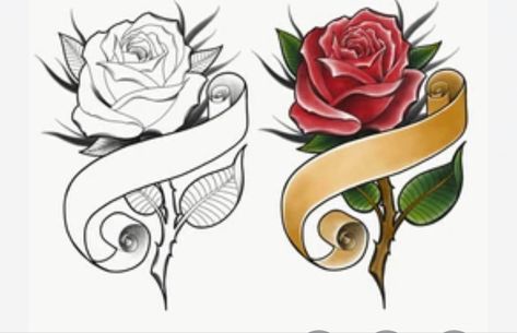 American Traditional Rose, Rose Banner, Banner Tattoo, Rose Tattoo With Name, Scroll Tattoos, Tattoo Banner, Old School Rose, Rose Tattoo Stencil, Realistic Rose Tattoo