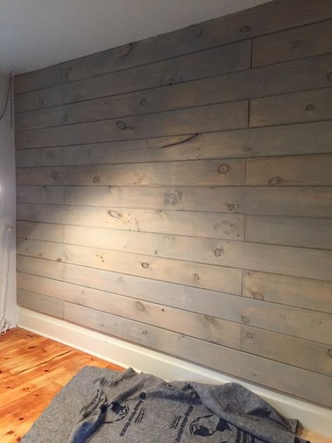 Miss Mustard Seed’s Milk Paint in Trophy (2 parts water 1 part milk paint) Shiplap Basement Walls, Shiplap Basement, How To Plank, Paint A Wall, Kids Bedroom Remodel, Guest Bedroom Remodel, Shiplap Wall Diy, Diy Shiplap, Miss Mustard Seed