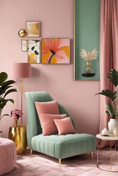 Homy Homes Interior Design, Pink Green Bedrooms, Wallpaper Decor Ideas, Wallpaper Design Ideas, How To Start Painting, Wooden Sofa Set Designs, Painting Walls, Interior Design Your Home, Start Painting