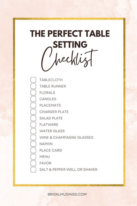 Often, our most liked posts on Instagram and pinned photos on Pinterest are those picture-perfect tablescapes. You know, a wedding reception table filled with florals, candles, chargers, plates, fancy flatware and coordinated paper goods. Many elements go into the perfect wedding table setting. It's all in the details. Table Setting Checklist, Table Settings For Weddings Receptions, Wedding Reception Place Setting Ideas, Wedding Plate Set Up, Post Wedding Checklist, Wedding Dinner Table Setting, Wedding Reception Place Settings, Wedding Table Placement, Wedding Plate Setting
