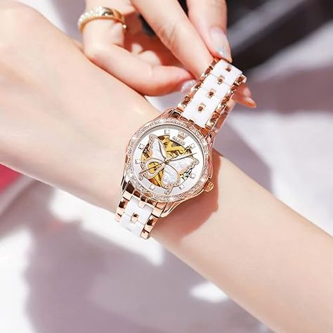 OLEVS Womens Watches Elegant Dress Diamond Automatic Self Winding Watches for Women Luxury Fashion Stainless Steel Ceramic Waterproof Luminous Women's Wrist Watches Reloj para Mujer…… Butterfly Skeleton, Skeleton Fashion, Crystal Skeleton, Pearl Oyster, Watch Gift Box, Bracelet Gift Box, Wind Movement, Ceramic Watch, Sac Lunch