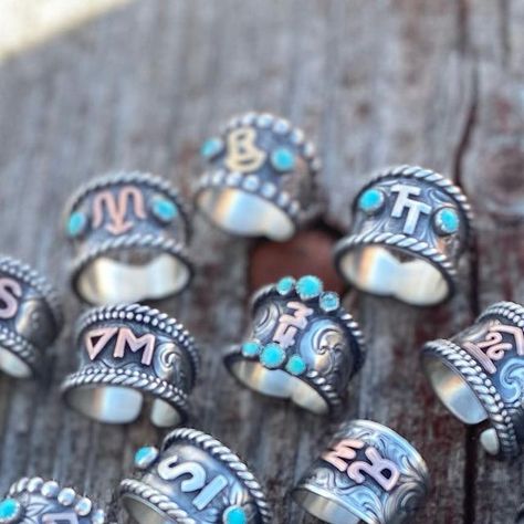 BA silver on Instagram: "Last months round of brand rings ✨ I tried to take some progress videos of the building process so stay tuned for more! . . . . . #basilverjewelry #handmadejewelry #customjewelry #brandring #brandjewelry #ranchbrand #westernjewelry #westernfashion #westernstyle #silversmith #turquoisejewelry #ladysmith" Brand Rings, Silversmithing Jewelry, Building Process, Outdoor Wedding Decorations, Western Jewelry, The Building, Christmas 2024, Turquoise Jewelry, Jewelry Branding