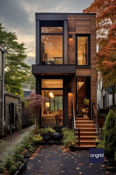 7 Unique Single Floor Home Elevation - Front Views – Ongrid Design Narrow House Exterior, Narrow House Interior, Loft Exterior Design, Loft House Design Exterior, Single House Design, Rowhouse Design, Two Floor Apartment, Tiny House Exterior Ideas, Small Townhouse