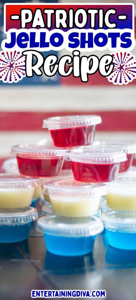 Tropical Red, White and Blue Jello Shots | Holiday Jello Shots July 4th Jello Shots, Blue Jello Shots Recipe, Summer Jello Shots, Malibu Jello Shots, Holiday Jello, Holiday Jello Shots, Coconut Jello, Red White And Blue Jello, White Jello