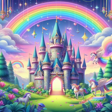 Rainbow Castle, Glasses Wallpaper, Unicorn Background, Disney World Castle, Magical Castle, Rainbow Cartoon, Magical Girl Aesthetic, Enchanted Castle, Fairy House Crafts