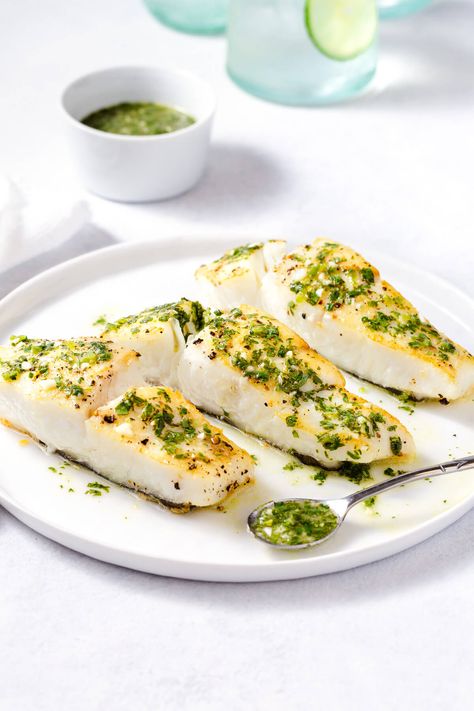 Roasted Halibut with Cilantro-Lime Sauce - Taming of the Spoon Cilantro Fish Recipes, Cilantro Lime Fish, How To Cook Halibut, Garlic Butter Recipe, Roasted Halibut, Exciting Recipes, Cilantro Recipes, Luteal Phase, Grilled Halibut