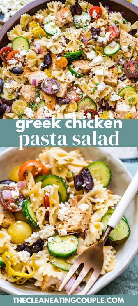 Chicken And Feta, Mediterranean Chicken Pasta, Pasta Salad With Chicken, Greek Chicken Pasta, Mediterranean Pasta Salad, Chicken Pasta Salad Recipes, Pasta Calories, Greek Pasta Salad Recipe, Salad Spinach