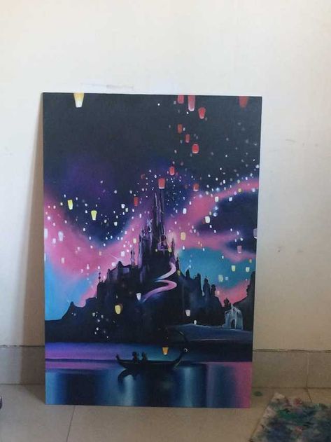 My version of the Tangled lantern scene. Still needs lights for the lantern flames - Imgur Tangled Painting, Art Mini Toile, Disney Canvas Art, Painting Pastel, Disney Paintings, Cute Canvas Paintings, Soyut Sanat Tabloları, Paint Acrylic, Art Disney