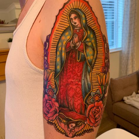 Virgin Mary tattoo Color Virgin Mary Tattoo, Marcel The Shell, Mexico Tattoo, Virgin Mary Tattoo, Wizard Tattoo, Lady Guadalupe, Mary Tattoo, Army Tattoos, Elements Tattoo