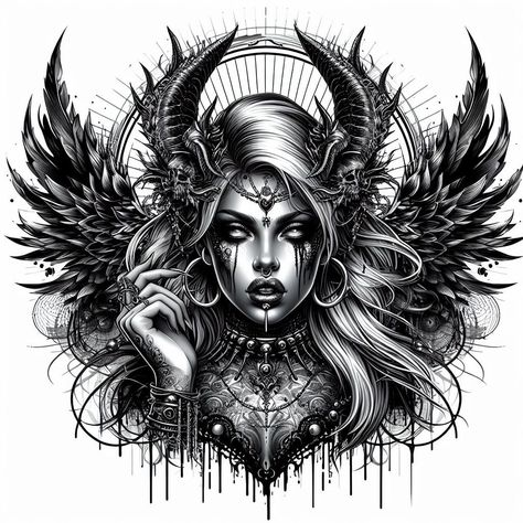 Dark Tatoos Ideas, Lilith Tattoo Design, Female Gargoyle, Morrigan Tattoo, Zombie Girl Tattoos, Evil Mermaids, Pagan Tattoo, Throat Tattoo, Tattoo Outline Drawing