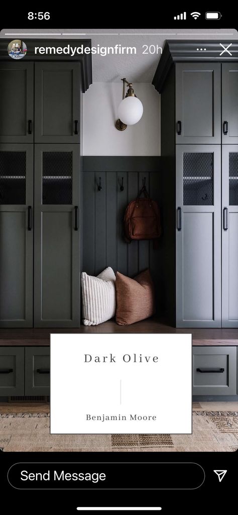 Mud Room Ideas Wallpaper, Urban Bronze Mudroom, Iron Ore Mudroom Bench, Black Cabinet Mudroom, 2023 Mudroom Trends, Monochromatic Mudroom, Mud Room Cabinet Colors, Painted Mudroom Built Ins, Mudroom Cabinet Colors