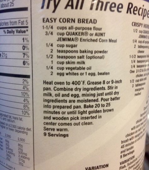 Quaker "never fail" cornbread recipe. Been eating this and making this since 1960. DM Quaker Yellow Corn Meal Cornbread Recipe, Yellow Cornmeal Cornbread, Quaker Cornbread Recipe, Cornmeal Cornbread Recipe, Cornmeal Cornbread, Easy Breads, Oat Bread Recipe, Easy Cornbread, Easy Cornbread Recipe