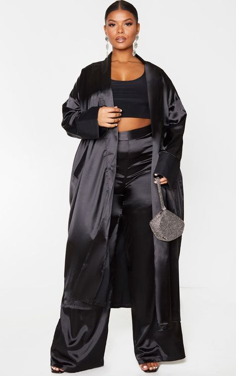 Plus Size Clothing | Women's Plus Size Fashion | PrettyLittleThing Leslie Sidora, Duster Kimono, Leather Outfits, Satin Fashion, Satin Blazer, Effortlessly Chic Outfits, Plus Size Coats, Curvy Girl Outfits, Curvy Outfits