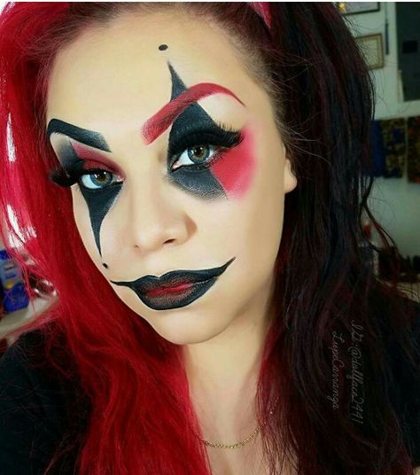 Harley Quinn costume makeup Og Harley Quinn Makeup, Evil Jester Makeup, Harley Quinn Makeup Ideas Red Black, Red Black Clown Makeup, Black And Red Clown Makeup, Harley Quinn Makeup Red Black, Red And Black Clown Makeup, Harley Quinn Costume Makeup, Maquillaje Harley Quinn