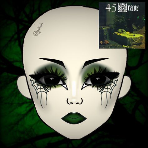 Green Gothic Makeup, Green Goth Makeup, 45 Grave, Trad Goth Makeup, Goth Eye Makeup, Makeup Drawing, Makeup Face Charts, Swag Makeup, Winter Makeup