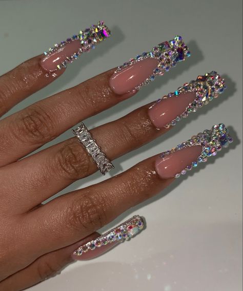 Nail Art Crystals Rhinestones, Birthday Nails Rhinestones Diamonds, Nail Ideas Jewels, Prom Nails Diamonds, All Diamond Nails, Blinged Out Nail Sets, Nails Diamonds Rhinestone, Diamond Acrylics, Silver Gem Nails