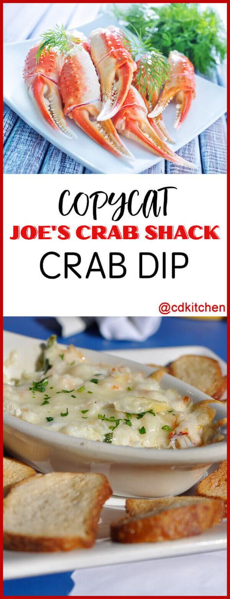 Copycat Joe's Crab Shack Crab Dip - This copycat dip from Joe's Crab Shack is rich, cheesy, and chock-full of crab. Made with cream cheese, mayonnaise, sour cream, butter, seasoned salt, paprika, onions, green bell pepper, Mozzarella cheese, crab meat | CDKitchen.com Crab Dip Recipe, Joe Crab Shack, Seafood Dip, Hot Crab Dip, Crab Meat Recipes, Crab Dishes, Crab Shack, Crab Dip, Crab Recipes