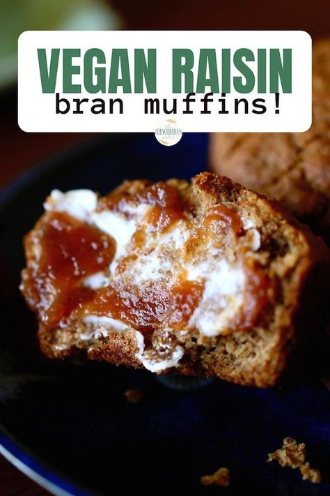 Made with minimal ingredients and full of fiber, these Vegan Raisin Bran Muffins are a hearty, delicious way to start your day! Plus, they're a great way to use up a box of cereal! #veganmuffins #veganbranmuffins #raisinbranmuffins #bran #muffins Refrigerator Bran Muffin Recipe, Raisin Bran Cereal Muffins, Vegan Bran Muffins, Refrigerator Bran Muffins, Raisin Bran Muffin Recipe, Healthy Muffins For Kids, Raisin Bran Muffins, Vegan Brunch Recipes, Bran Muffin Recipes