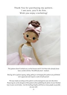 Ballerina Crochet, Ballet Doll, Knitted Doll Patterns, Baby Doll Pattern, Crochet Dolls Free Patterns, Easter Crochet Patterns, The Ballerina, Ballerina Doll