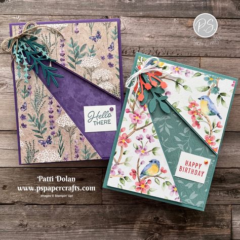 Pretty Split Front Cards — P.S. Paper Crafts Split Cards, Fractured Cards, Lavender Stamp, Birthday Card Template Free, Flowers Paper Craft, Painted Lavender, Designer Paper Cards, Card Sketches Templates, Make Paper Flowers