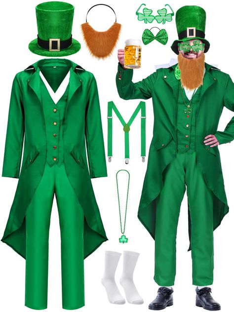 Irish Costume, Irish Costumes, Leprechaun Costume, Shamrock Necklace, Fake Beards, Men Costume, Irish Festival, St Patrick's Day Costumes, Festival Costume