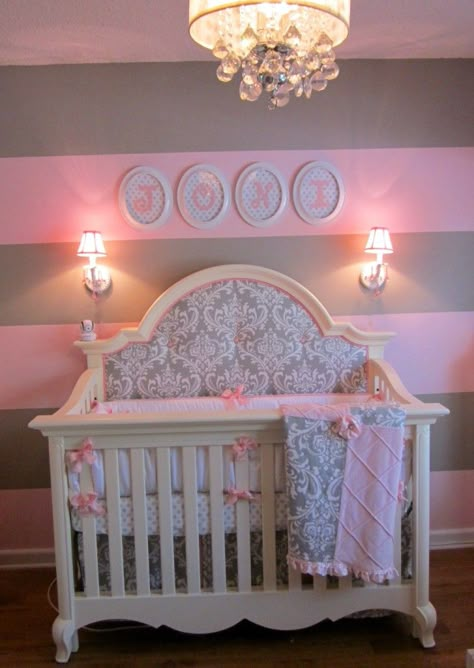 LOVE the pink and gray damask!    "Custom Crib Bedding and Extra Fabric Ordered for Headboard: New Arrivals Inc./Stella Gray Baby Bedding" Twin Nursery, Future Children, Grey Baby, Project Nursery, Baby Time, Pink And Gray, Everything Baby, Baby Crib