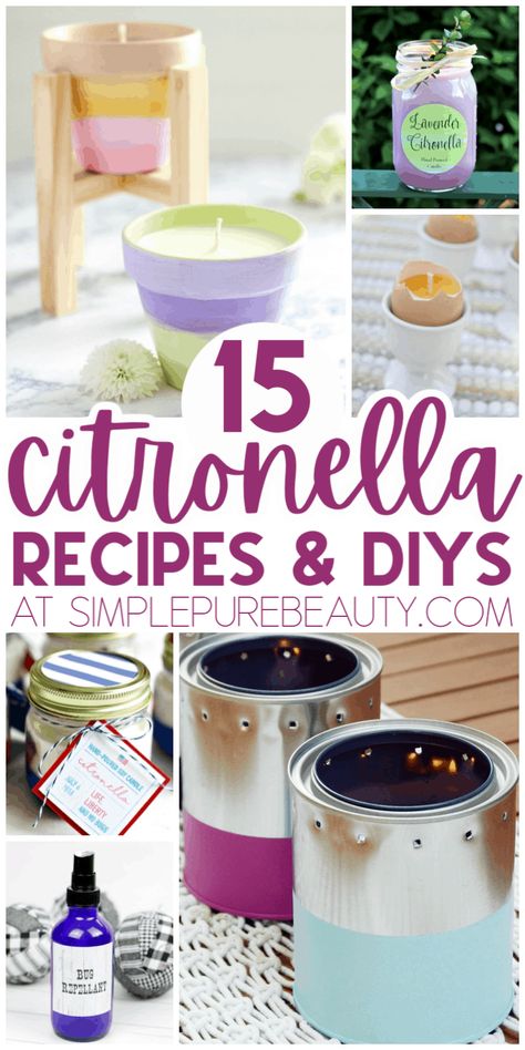 We've compiled a list of 15 DIY citronella candles, sprays, bracelets, and more for keeping insects outside of your comfort zone. Great for summer! If you're looking for a natural way to get rid of bugs, you're going to love this list of DIY options. Stop using harsh chemicals and make your own citronella recipes instead. Bug bracelets, sprays, and homemade candles are just a few of the simple DIY projects you can do at home. #cintronella #bugfree #bugspray #summerrecipes #keepbugsaway Diys For Summer, Diy Citronella Candles, Mason Jar Citronella Candles, Mosquitoes Repellent, Bug Repellent Candles, Essential Oil Bug Repellent, Citronella Torches, Diy Citronella, Jelly Candles