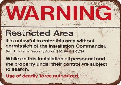 Aluminum sign 8" x 12" Warning Restricted Military Area 51 Vintage Look Reproduction Metal Sign made Funny Certificates, Cubicle Walls, Vintage Style Art, Handmade Sign, Sign Stand, Vintage Tin Signs, Metal Tins, Vintage Metal Signs, Vinyl Lettering