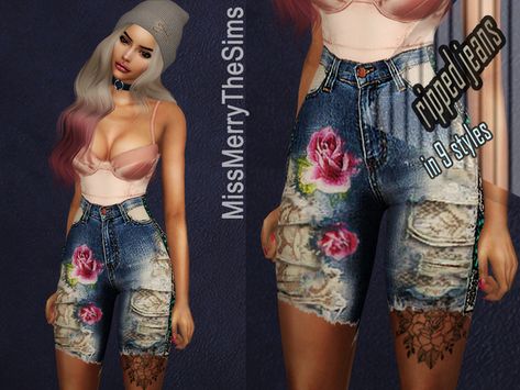 Maria MissMerry's Ripped Jeans Very Ripped Jeans, Low Rise Ripped Jeans, Alpha Cc, Sims 4 Black Hair, Sims 4 Mods Clothes, Ripped Shorts, Sims4 Cc, Cc Sims, Sims 4 Game