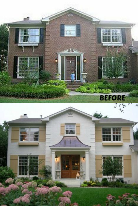 20 Home Exterior Makeover Before and After Ideas - Home Stories A to Z Painted Brick Exteriors, Colonial House Exteriors, Painted Brick House, House Makeovers, Home Exterior Makeover, Exterior Renovation, Casas Coloniales, Exterior Makeover, Exterior Remodel