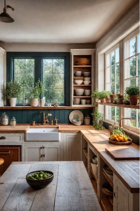 Small Cottage Inspiration, White Kitchen Cottage Style, English Cottage Modern Kitchen, Tiny Home Kitchen Ideas Farmhouse, Cottage Vibe Kitchen, Southern Cottage Kitchen, New England Cottage Kitchen, Small Space Renovation, Tiny Cottage Kitchen Ideas