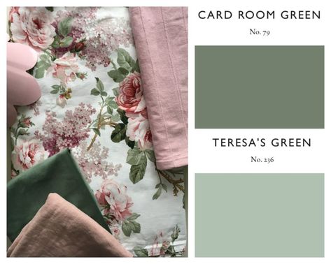 Teresa's Green Farrow And Ball, Card Room Green Bedroom, Lilac And Green Bedroom, Teresas Green Farrow And Ball, Bedroom Design Pink, Pink And Green Bedroom, Vintage Bedroom Design, Pink Green Bedrooms, Teresas Green