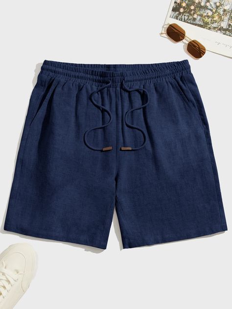 Navy Blue Casual Collar  Fabric Plain Straight Leg Embellished Non-Stretch  Men Bottoms Navy Shorts Outfit, Mens Navy Shorts, Short Azul, Stud Outfits, Short Pants Outfit, Blue Shorts Men, Photo Layout, Mens Shorts Outfits, Pants Outfit Men