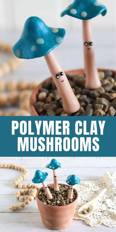 Ceramic Mushrooms Diy, Diy Polymer Clay Mushroom, Diy Clay Garden Decor, Clay Step By Step Easy, Clay Plant Decorations, Polymer Clay Plant Pot Decorations, Things To Make With Polymer Clay Easy, Polymer Clay Mushroom Tutorial, Clay Plant Accessories