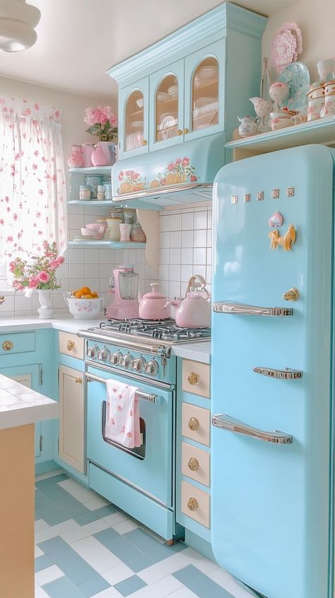 This pastel kitschy kitchen is a sweet, serene escape into nostalgia. The light blue and mint green cabinets, accented with glossy knobs, offer a soft pop of color. A vintage baby blue fridge adds retro flair, while a checkered gray-and-white floor maintains a light, airy feel. Simple, charming decor like flower-patterned curtains and a small ceramic rooster exude understated kitsch appeal. The soft lighting casts a warm glow, creating a cozy, inviting space full of nostalgic charm 50s Pastel Aesthetic, Pastel Blue Kitchen Cabinets, Retro Blue Kitchen, Mint Green Cabinets, Blue Fridge, 1950 Kitchen, Country Shabby Chic Decor, Kitschy Kitchen Decor, Storage Furniture Design