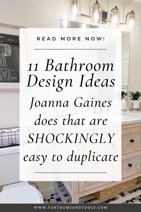 Black and white bathroom patterned floor tile with a light wood vanity, black and gold light fixture, with a toilet paper patent print hanging over the toilet. There is a black metal basket sitting on the back of the toilet. There is a large mirror hanging over the single sink vanity. The text reads " Joanna Gaines Bathroom Decor, Modern Farmhouse Bathroom Joanna Gaines, Joanna Gaines Bathroom Ideas, Farmhouse Bathroom On A Budget, Scandinavian Bathroom Small, Modern Farmhouse Bathroom Small, Modern Farmhouse Bathroom Design, Scandinavian Bathroom Design Ideas, Joanna Gaines Bathroom