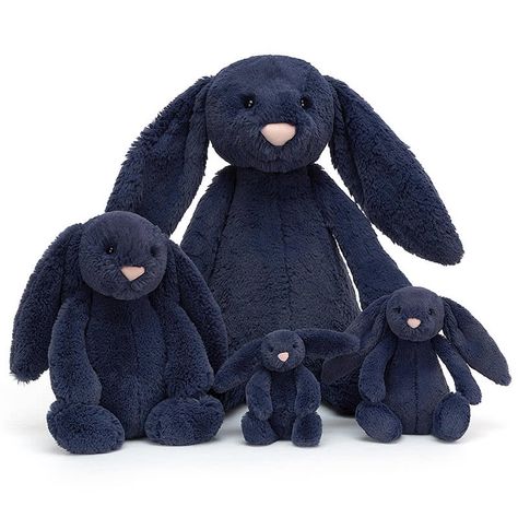 Introducing the 'Bashful Navy Bunny' by Jellycat the world famous soft toy company, available in four sizes. Coming with a super soft deep blue fur body, the classic Bashful Bunny long ears and delicate pink nose, the perfect gift for any bunny lover, no matter how old! Blue Jellycat, Golden Bunny, Bashful Bunny, Jellycat Toys, Jellycat Bashful, Jellycat Bunny, Bunny Soft Toy, Bunny Lovers, Blue Bunny