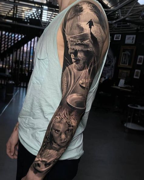 Realistic full arm tattoo A blindfolded man is remembering Tato Realis, Voll Arm-tattoos, Hammer Tattoo, Meaningful Tattoos For Men, Mangas Tattoo, Tattoo Ideas Males, Omerta Tattoo, Skeleton Hand Tattoo, Tato Lengan