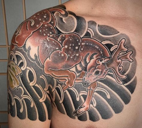 #deer #irezumi #japanesetattoo Japanese Deer Tattoo, Japanese Deer, Yakuza Tattoo, Deer Tattoo, Traditional Tattoo Art, Old School Tattoo, Japanese Tattoo, Arm Sleeve, Traditional Tattoo