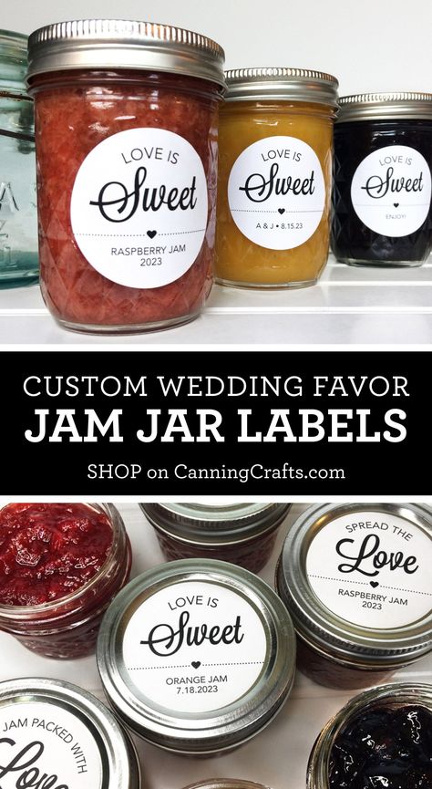 Shop for Custom Modern Black and White Wedding Canning Labels for jam & jelly jar favors. Elegant wedding stickers print with Spread the Love, Love is Sweet, Jam Packed with Love. Customize with jam flavor, bride & groom names, & wedding or anniversary date. Printed & delivered to you | Shop for more canning labels on CanningCrafts.com | #CanningCrafts #canning #canninglabels #foodpreservation #preserving #homecanning #weddingfavors #modernwedding #diywedding #weddingideas #weddinginspiration Jam Jar Wedding Favours, Jam Jar Wedding, Maple Syrup Labels, Jam Wedding Favors, Jam Jar Labels, Modern Black And White Wedding, Canning Jam Recipes, Canning Jar Labels, Wedding Favour Jars