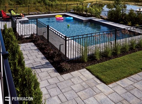 Pool Fencing Landscaping, Motel Pool, Fence Around Pool, Chiseled Stone, Landscaping Around Pool, Inground Pool Designs, Inground Pool Landscaping, Pools Backyard Inground, Swimming Pool Landscaping