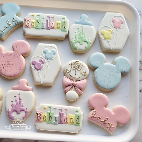 Sugar Lane Cookies (@sugarlanecookies) | Instagram profile Baby Shower Party Favors Disney, Disney Birthday Treats, Baby Disney Baby Shower Ideas, Vintage Disney Cookies, Gender Reveal Themes Disney, Baby Land Baby Shower Theme, Disneyland Cookies Decorated, Disney Theme Gender Reveal, Disneyland Gender Reveal