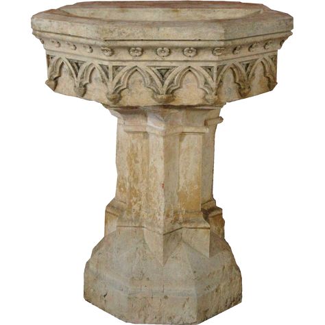 Hand carved in Gothic Revival style, this exceptional antique, demi-lune basin features beautifully carved Gothic arches on the five-sided apron and Antique Stone Sink, Carved Sink, Gothic Arches, French Gothic, Stone Fountains, Art Sacre, Hand Carved Stone, Pedestal Basin, Gothic Revival