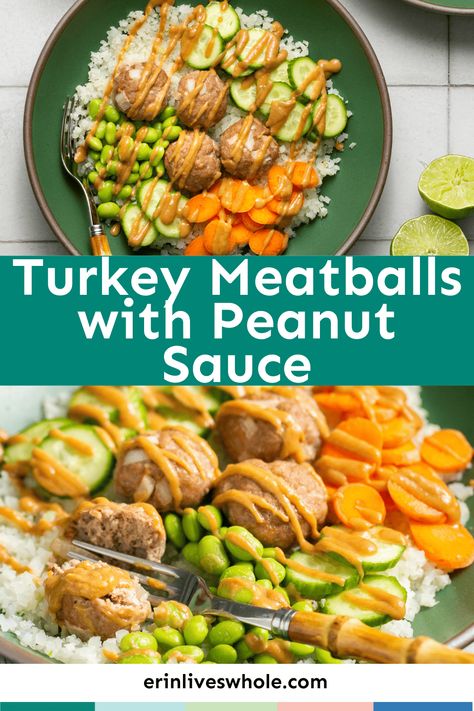 It's so much fun to cook when you have this recipe! Asian-inspired turkey meatballs with peanut sauce are easy to make with a complex taste. You'll feel like a pro-chef as you chop and saute the ingredients. Ground Turkey Peanut Sauce, Thai Meatballs With Peanut Sauce, Thai Chicken Meatballs With Peanut Sauce, Sesame Turkey Meatballs, Asian Style Meatballs Ground Turkey, Ground Turkey Dishes, Asian Turkey Meatballs, Easy Turkey Meatballs, Asian Turkey