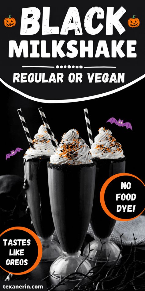 Make your Halloween extra eerie with a black milkshake! This spooky Halloween food is made with rich black cocoa powder, creating a striking and delicious black dessert. Perfect for anyone looking to whip up unique Halloween milkshakes that stand out at any festive gathering. Black Halloween Snacks, Black Halloween Desserts, Halloween Milkshakes For Kids, Hocus Pocus Milkshake, Cool Milkshakes, Fun Halloween Drinks For Kids, Halloween Frappe, Spooky Milkshake, Kid Friendly Halloween Drinks