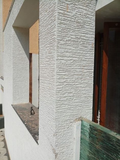 Sitout Wall Texture Design, Texchar Design Wall, Wall Putty Texture Design For Hall, Texture Paint For Exterior Wall, Elevation Texture Designs For House, Texture Exterior Walls, Exterior Texture Paint Designs, Rustic Textured Walls Exterior, Elevation Wall Texture