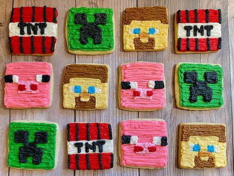 Minecraft Cookies, Minecraft Birthday Cake, Nephew Birthday, Minecraft Birthday, Minecraft Party, Cookies Decorated, Buttercream Frosting, Boy Party, Sugar Cookies Decorated