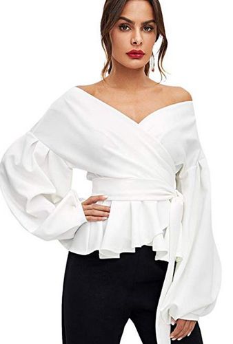 The Super Flattering Wrap Top You Should Buy Immediately At Amazon While It’s $35 & Still In Stock!   - SHEfinds Blus Sifon, Blouse Peplum, Balloon Sleeve Shirt, Lantern Sleeved Blouses, Bow Shirts, Hem Design, Blouse Material, Peplum Blouse, Solid Color Shirt